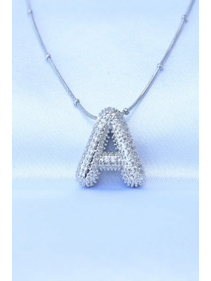 MuI MuI 316L Çelik Zincirli Zirkon Taşlı A Harfli Gümüş Renk Bubble Kolye