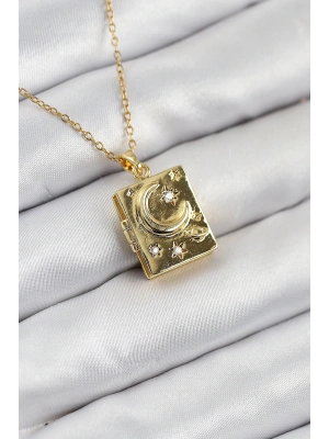 MuI MuI 316L Çelik Zirkon Taşlı Açılabilr Kapaklı Kitap Model Gold Renk Kadın Kolye