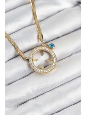 MuI MuI 316L Çelik Zirkon Taşlı Çeyrek Takılabilir Gold Renk Kadın Kolye