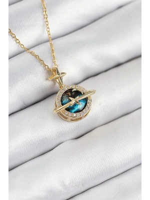 MuI MuI 316L Çelik Zirkon Taşlı Gezegen Model Gold Renk Kadın Kolye