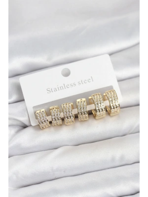 MuI MuI 316L Çelik Zirkon Taşlı Gold Halka Küpe Seti