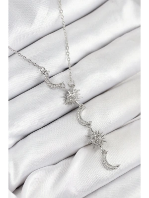 MuI MuI 316L Çelik Zirkon Taşlı Güneş Ve Ay Model Gümüş Renk Kadın Kolye