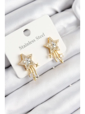 MuI MuI 316L Çelik Zirkon Taşlı Kayan Yıldız Model Gold Renk Kadın Küpe