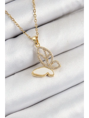 MuI MuI 316L Çelik Zirkon Taşlı Kelebek Model Gold Renk Kadın Kolye