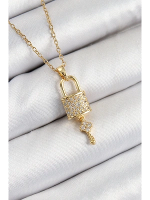 MuI MuI 316L Çelik Zirkon Taşlı Kilit Ve Sallantılı Anahtar Model Gold Renk Kadın Kolye
