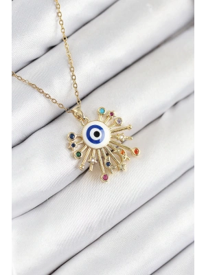 MuI MuI 316L Çelik Zirkon Taşlı Nazar Model Gold Renk Kadın Kolye
