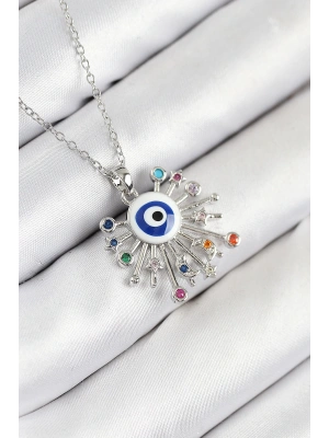 MuI MuI 316L Çelik Zirkon Taşlı Nazar Model Gümüş Renk Kadın Kolye