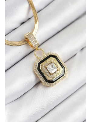 MuI MuI 316L Çelik Zirkon Taşlı Siyah Detaylı Baget Model Gold Renk Kadın Kolye