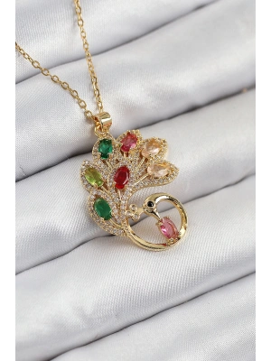 MuI MuI 316L Çelik Zirkon Taşlı Tavus Kuşu Model Gold Renk Kadın Kolye