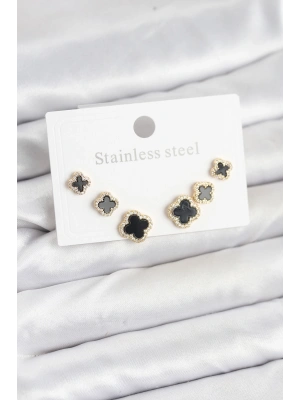 MuI MuI 316L Çelik Zirkon Taşlı Yonca Model Kadın Küpe Seti