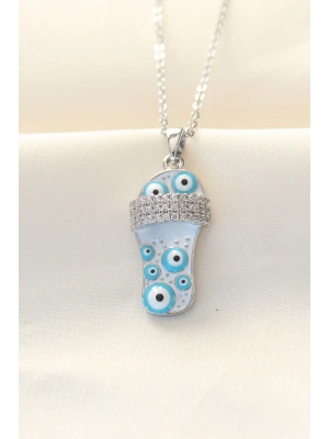 MuI MuI 316L Zinciri Çelik Zirkon Taşlı Gümüş Renk Nazar Boncuklu Terlik Kolye