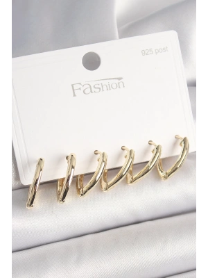 MuI MuI 925 Ayar Gümüş Çivi Pirinç Gold Renk Üçgen Model Kadın Küpe Seti