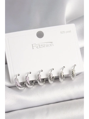 MuI MuI 925 Ayar Gümüş Çivi Pirinç Gümüş Renk İşlemeli Halka Model Kadın Küpe Seti