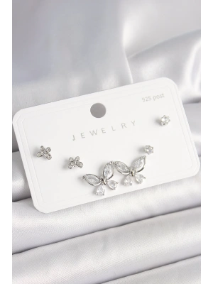 MuI MuI 925 Ayar Gümüş Çivi Pirinç Gümüş Renk Zirkon Taşlı Kelebek Model Kadın Küpe Seti