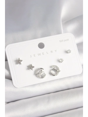 MuI MuI 925 Ayar Gümüş Çivi Zirkon Taşlı Hilal Yıldız Model Kadın Küpe Seti