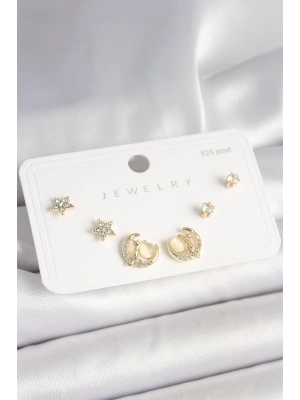 MuI MuI 925 Ayar Gümüş Çivi Zirkon Taşlı Hilal Yıldız Model Kadın Küpe Seti