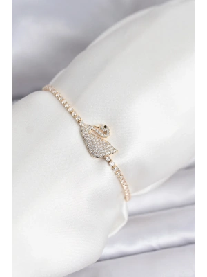MuI MuI Kuğu Model Zirkon Taşlı Gold Renk Asansörlü Su Yolu Bileklik
