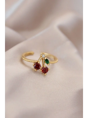 MuI MuI Ayarlamalı Gold Renk Metal Renkli Zirkon Taşlı Kiraz Yüzük