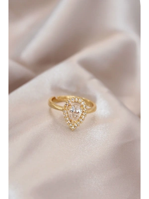 MuI MuI Ayarlamalı Gold Renk Metal Zirkon Taşlı Damla Model Yüzük