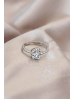 MuI MuI Ayarlamalı Gümüş Renk Metal Zirkon ve Kristal Taşlı Oval Model Yüzük