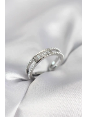 MuI MuI Silberfarbener Damenring mit Baguette-Zirkonia und Perlen