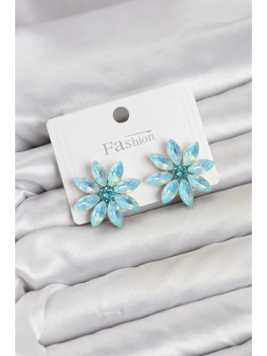 MuI MuI Buz Mavisi Renk Kristal Taşlı Lotus Çiçek Model Kadın Küpe