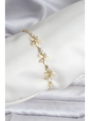 MuI MuI Çiçek Model Zirkon Taşlı Gold Renk Pirinç Su Yolu Kadın Bileklik