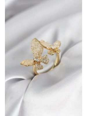 MuI MuI Goldfarbener Damenring „Weißes Schmetterlingsmodell“ mit Zirkonia-Steinen