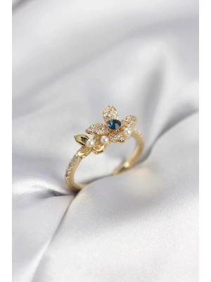 MuI MuI Goldfarbener Damenring mit Blumenmuster und Zirkonia-Stein