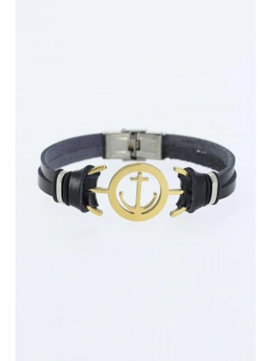 MuI MuI Gold Renk Deniz Çapası Figürlü Metal Aksesuarlı Siyah Renk Deri Erkek Bileklik