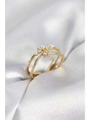 MuI MuI Goldfarbener Perlen-Stern-Ring mit Zirkonia-Stein für Damen