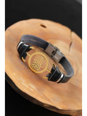 MuI MuI Gold Renk Metal Fatma Ana Eli Tasarım Siyah Renk Deri Erkek Bileklik