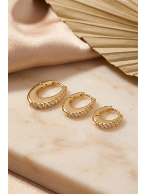 MuI MuI Gold Renk Oval Halka Model Zirkon Taşlı 3 lü Küpe Set