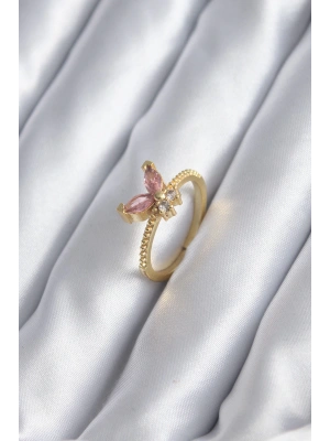 MuI MuI Gold Renk Pembe Zirkon Taşlı Kelebek Model Kadın Yüzük