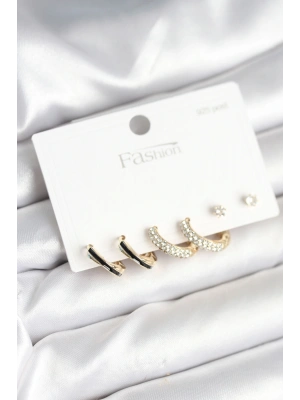 MuI MuI Gold Renk Pirinç Zirkon Taşlı 925 Ayar Gümüş Çivili Kadın Küpe Seti