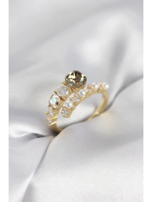 MuI MuI Goldfarbener Messingring mit Zirkonia und Perle für Damen