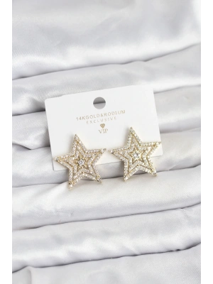 MuI MuI Gold Renk Pirinç Zirkon Taşlı Yıldız Model Kadın Küpe