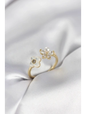 MuI MuI Goldfarbener, perlmuttartiger Damenring mit Blumendesign