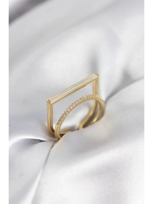 MuI MuI Goldfarbenes Perlmutt-Zirkon-Stein-Set, 2 Damenringe