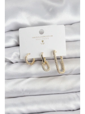 MuI MuI Gold Renk Zirkon Taşlı 3lü Kadın Küpe Seti
