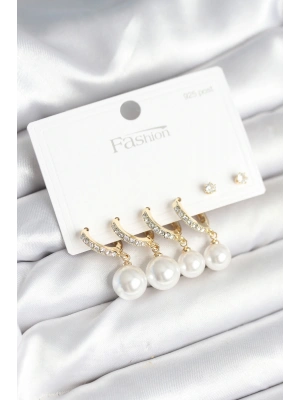 MuI MuI Gold Renk Zirkon Taşlı Pirinç İncili 925 Ayar Gümüş Çivili Küpe Seti