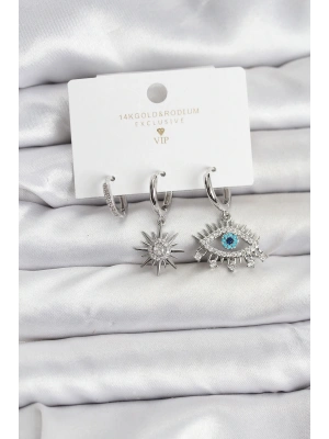 MuI MuI Göz Model Gümüş Renk Pirinç 3lü Kadın Küpe Seti