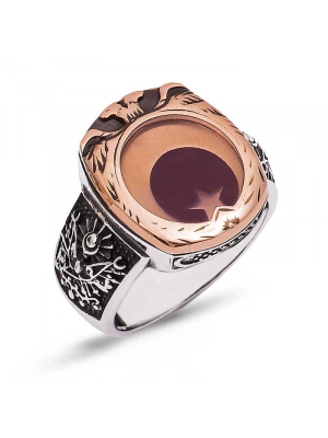 MuI MuI ​Gümüş Çift Başlı Kartal Desenli Ay Yıldız Erkek Yüzük