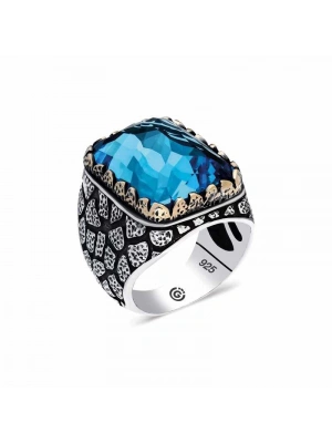 MuI MuI Gümüş Desenli Zirkon Mavi Taşlı Kare Erkek Yüzük