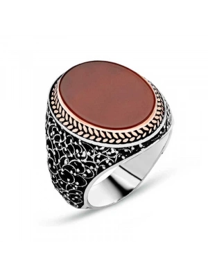 MuI MuI Gümüş Düz Akik Taşlı Erkek Yüzük