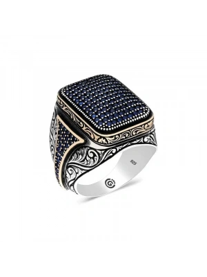 MuI MuI Gümüş Lacivert Zirkon Taşlı Kare Erkek Yüzük