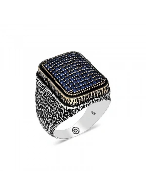 MuI MuI Gümüş Lacivert Zirkon Taşlı Kare Erkek Yüzük