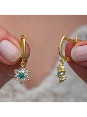 MuI MuI Gümüş Mavi Taşlı Gold Çiçek Kadın Küpe