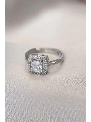 MuI MuI Gümüş Renk Baget ve Zirkon Taşlı Kare Yüzük