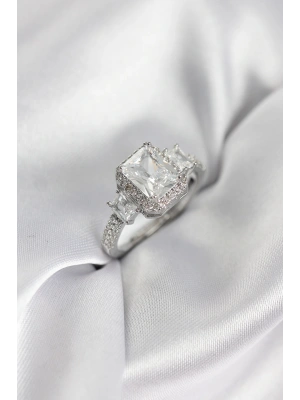 MuI MuI Silberfarbener quadratischer Baguette-Zirkonia-Solitärring für Damen